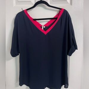Bellatrix Navy and Pink V-Neck Short Sleeve Top, Size M